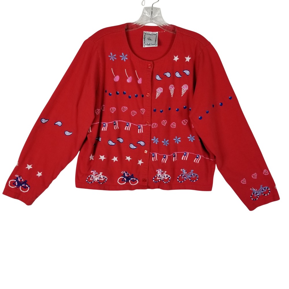 Michael Simon Lite Cardigan Women L Red Embroidered Patriotic Summer Novelty